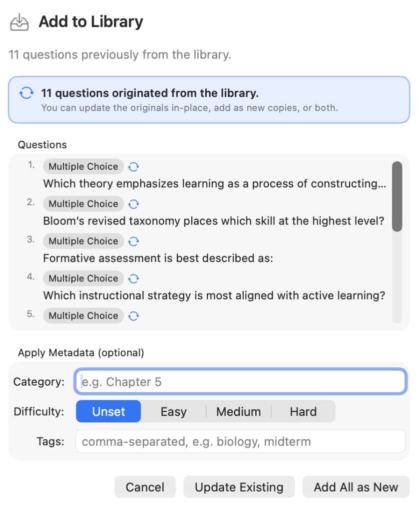 Add to Library screen illustrating Roundtrip editing and the options available 